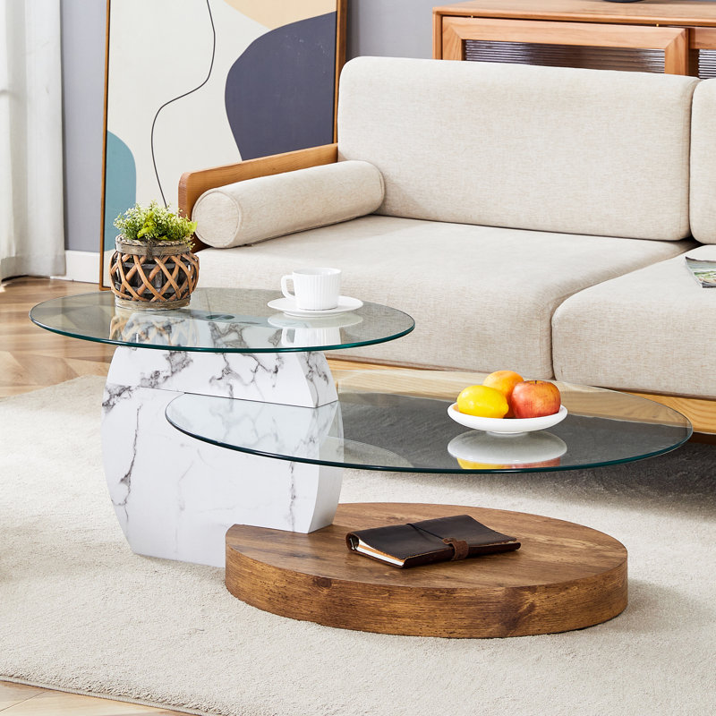 Table basse ronde moderne avec rangement, table basse sculpturale en verre trempé pour le salon