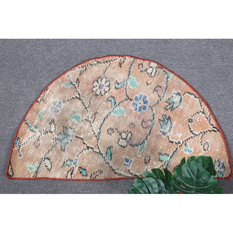 Delicate Red Turkish Round Rug With Vintage Oushak Design Ideal as Gift or Bathroom Decor