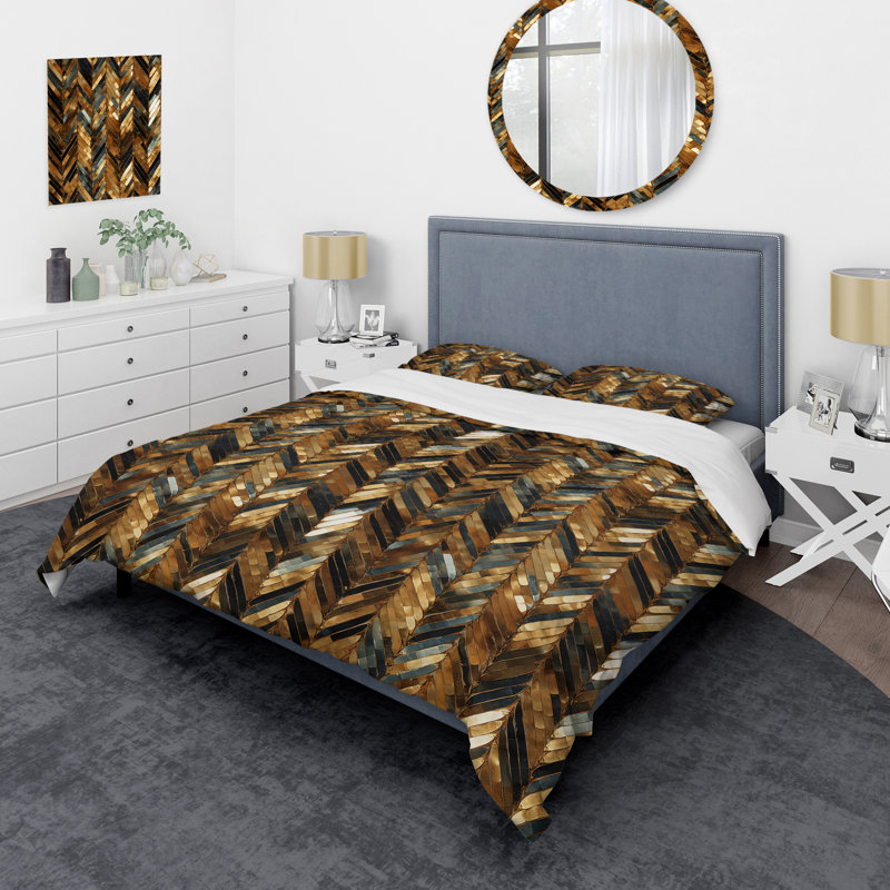Ensemble de housse de couette dorée et noire à chevrons dorés, Housse de couette pour grand lit et 2 taies décor