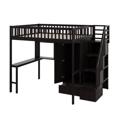 Lit mezzanine double avec bureau et bibliothèque Lit-cadre en bois avec tiroirs garde-robe