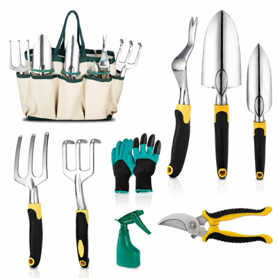 9-Piece Stainless Steel Garden Tool Set with Storage Tote, Gloves and Spray Bottle