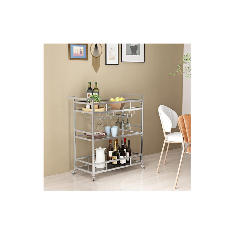 Rebrilliant Bar Carts with 3 Tier Glass Shelves, Rolling Serving Bar ...