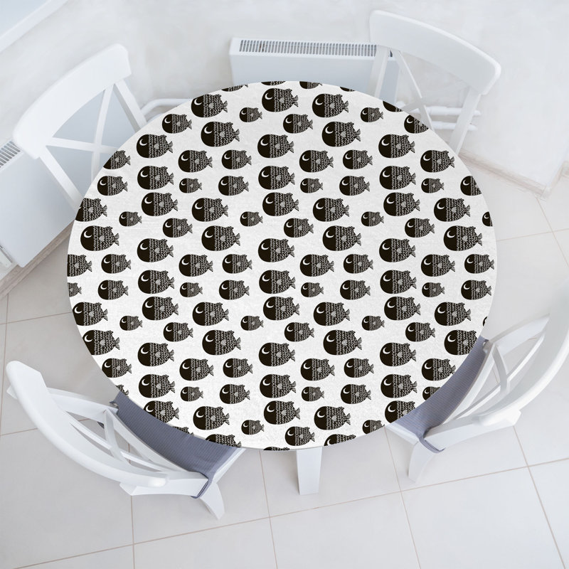 Ebern Designs Cartoon Fitted Round Tablecloth Diameter White Black