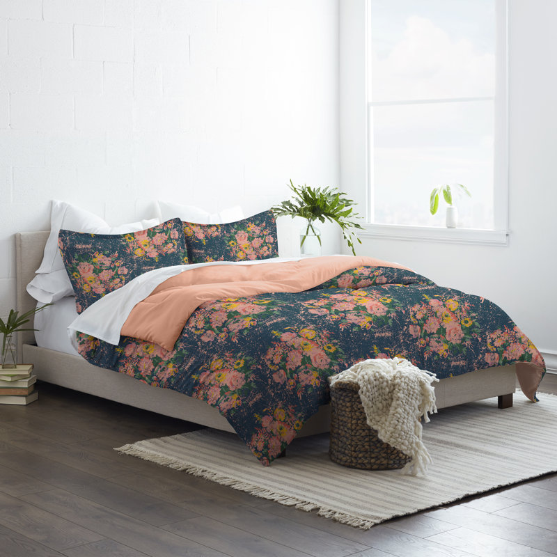 Navy Floral Microfiber Reversible Comforter Set, Twin/Twin XL
