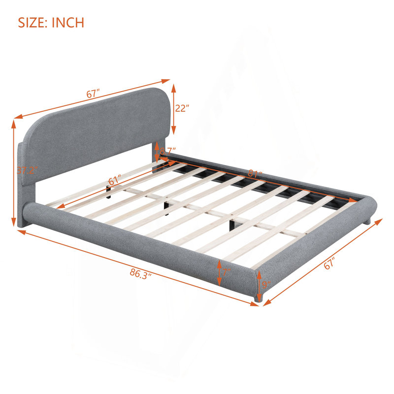 Lit plateforme tapissier grand en molleton Teddy avec tissu épais, structure solide et design élégant en forme de courbe, gris