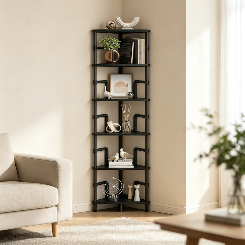 6-Tier Corner Shelf Stand – Metal Frame Corner Bookshelf, Narrow Display Rack, Industrial Corner Bookcase for Living Room, Bedroom, Home Office