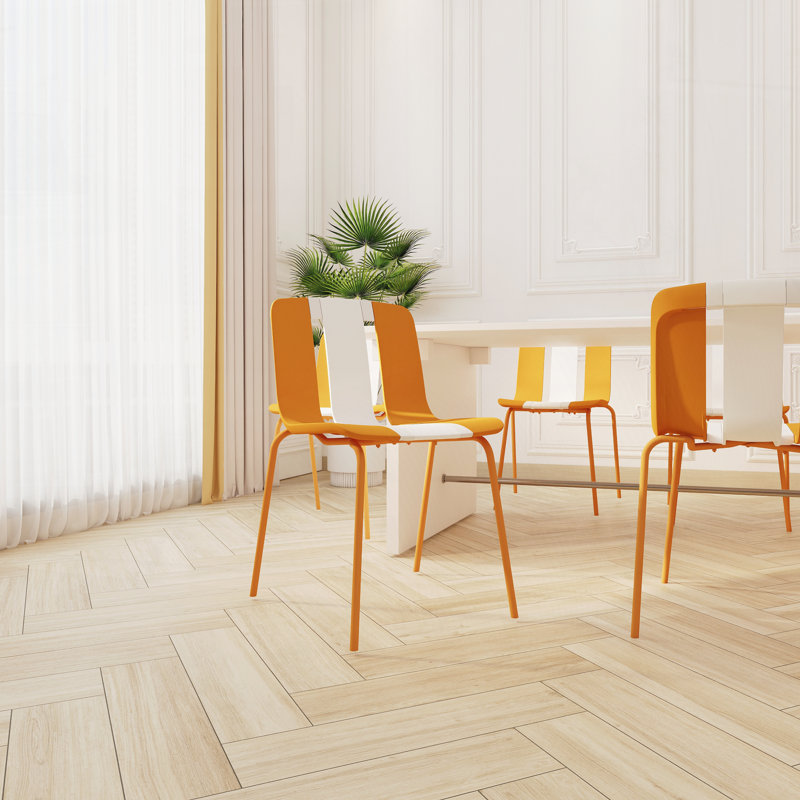 4-Pack Modern Striped Color Block Chairs,Indoor/Outdoor PP Plastic Seat and Sturdy Metal Legs, Beige/Tropical Orange/White