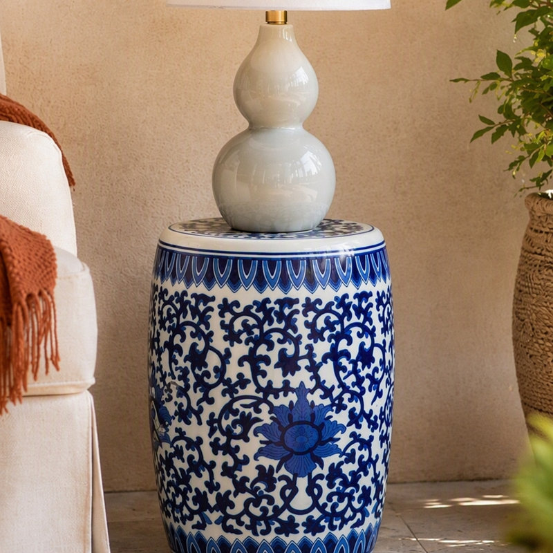 Tabouret de jardin en céramique, petit tabel latéral bleu et blanc, P 11 po x 16 po