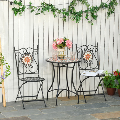 Henriksen 3 Pcs Mosaic Tile Garden Bistro Set, Table, 2 Folding Chairs Black