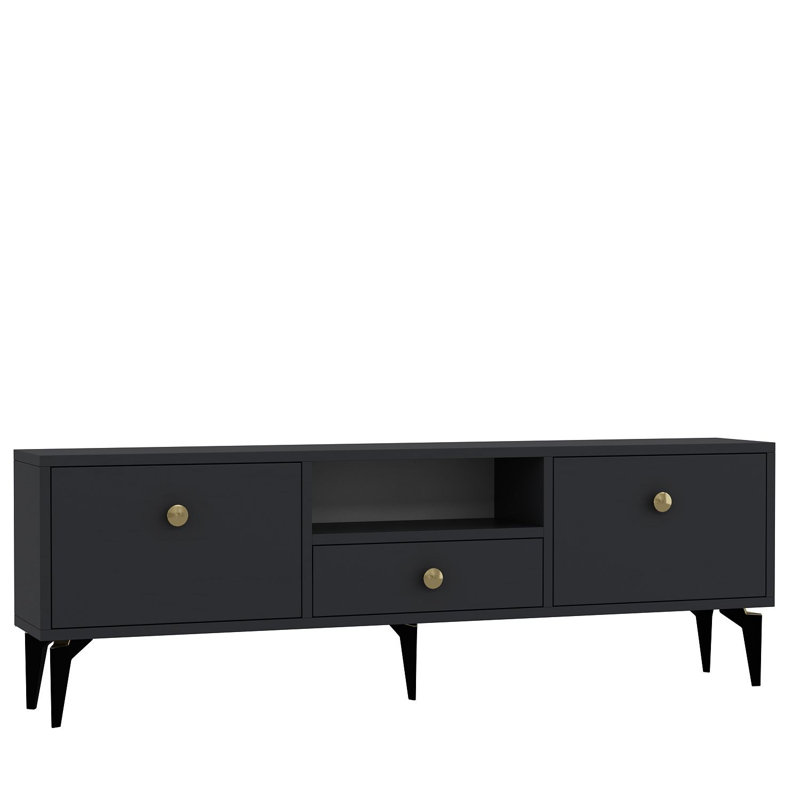 Meuble télé moderne avec plusieurs tablettes, anthracite et or, 55,1 po x 19,3 po x 11,8 po | 100% panneau de particules enduit de mélamine, épaisseur: 0,7 pouce | Solution de rangement élégante pour les salons et les espaces de divertissement