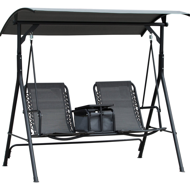 2 balançoires d'extérieur avec auvent, console de rangement pivotante, porte-gobelet, parasol réglable, acier, gris, abat-jour de 528 lb maximum, structure en acier, prises