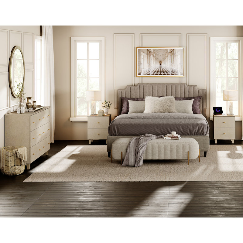 Ensemble de commode de chambre et de tables de chevet, 3 pièces Lysiane, Beige/Or