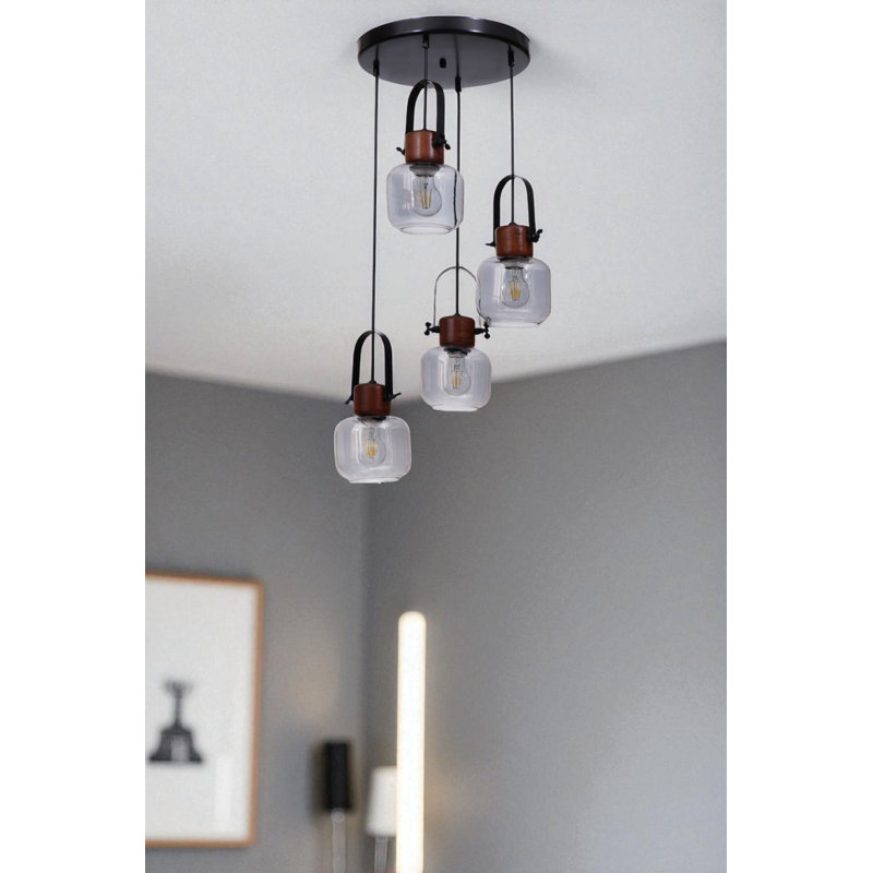 Lustre réglable élégant, structure en métal avec capuchon en verre, 11,8 po x 5,1 po | Finition grise, noyer et noire | 4 ampoules E27 de 40 W maximum (ampoule non incluse) | Parfait pour la salle à manger et l'espace de vie, design élégant