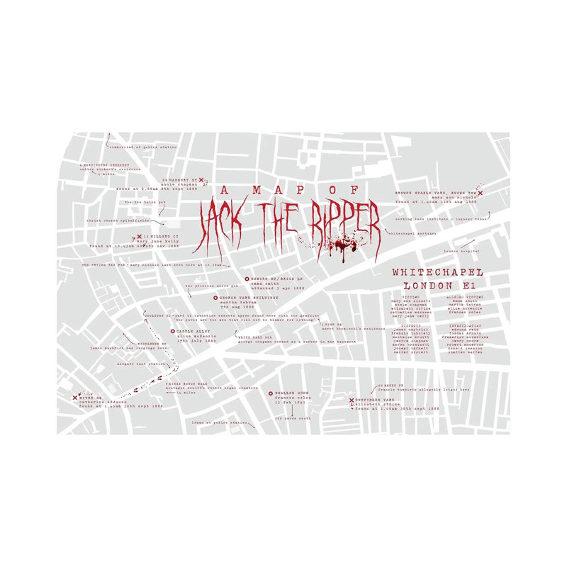 Jack The Ripper London Infographic by Bibliotography - Wrapped Canvas Print, 20.32 cm H x 30.48 cm W