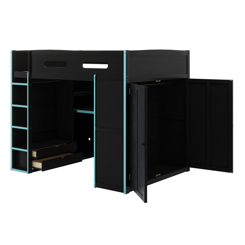 Wood Loft Bed With Desk,Wardrobe,Ample Storage Space,And RGB LED Light, Cloud Blue