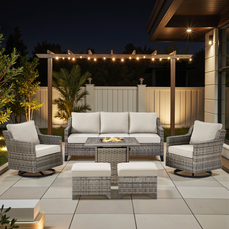 Maelie 6-Piece Outdoor Patio Fire Pit Conversation Set With Square Fire Pit, Swivel Gliders And Ottomans, Beige
