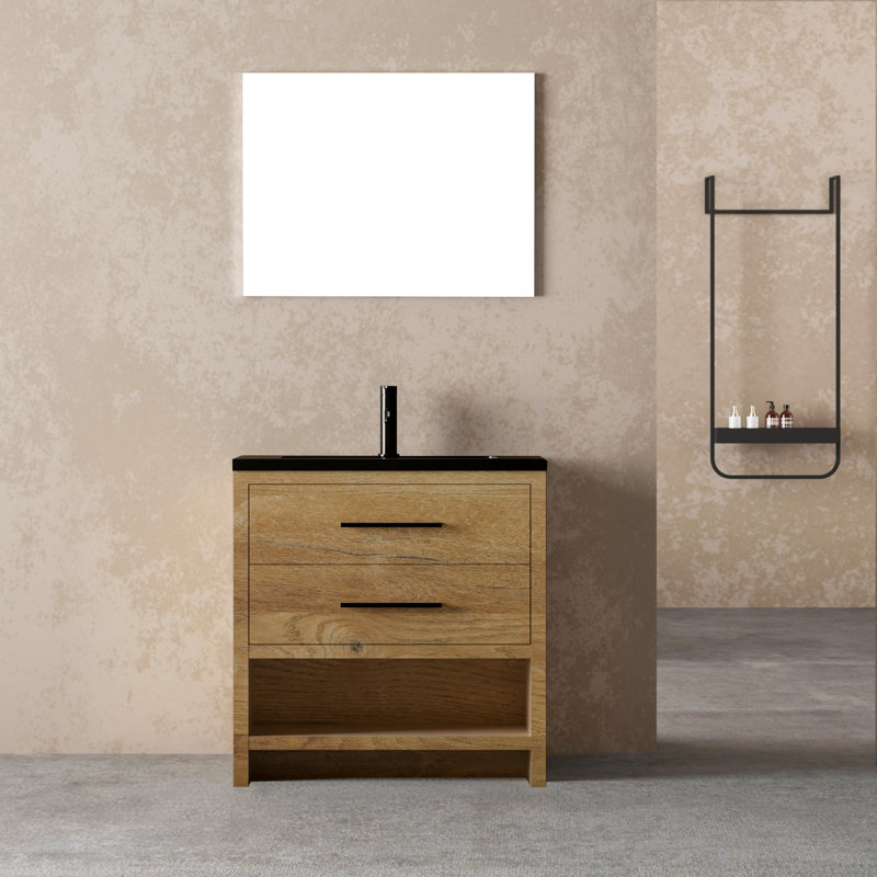 Wicksham 36 po L x 19 po P 2 tiroirs Meuble-lavabo autoportant avec évier simple et Comptoir en Quartz noir d'ingénierie