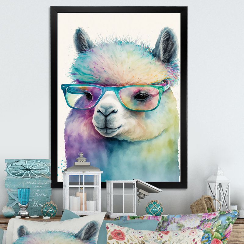 «Cool Alpaca with Sun Sun Watercolor I», reproduction sur toile, Impression noire sur toile encadrée, L 12 po x H 20 po