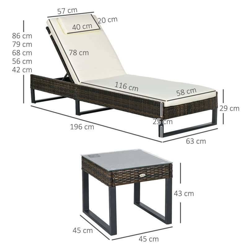 Benette 196cm Long Single Sun Lounger with Cushions and Table, Black, White