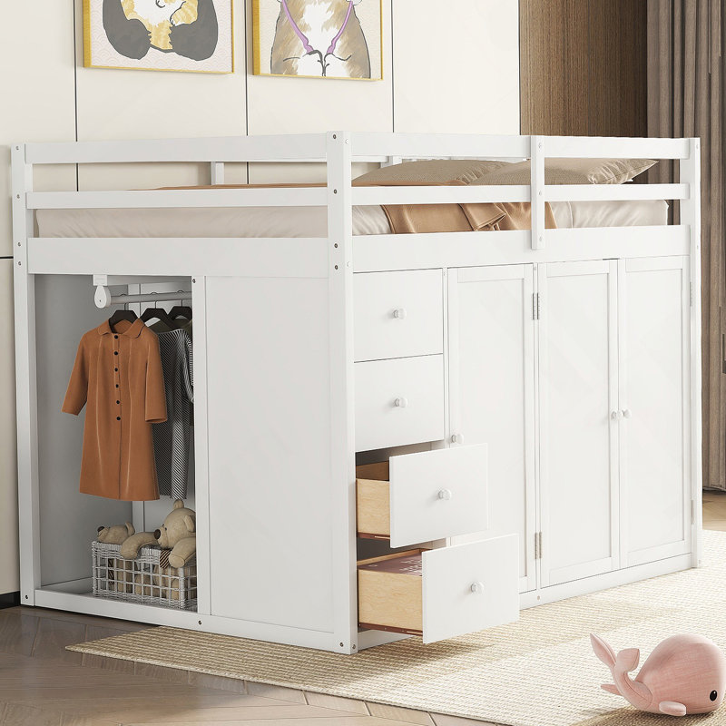 Kellsea Wood Loft Bed With Built-In Wardrobescabinets And Drawers, Grey