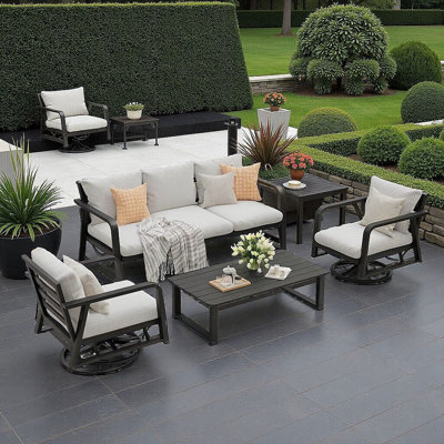 Modern Dark Grey 4-Piece Patio Set: Sofa, Two Swivel Rocking Chairs & Aluminum Coffee Table