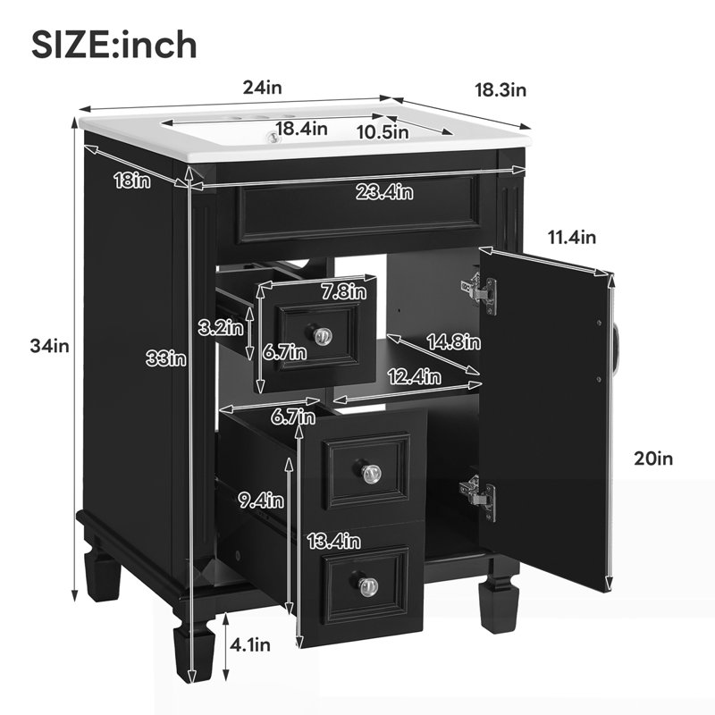 Meuble-lavabo 24 po avec lavabo en céramique, Noir