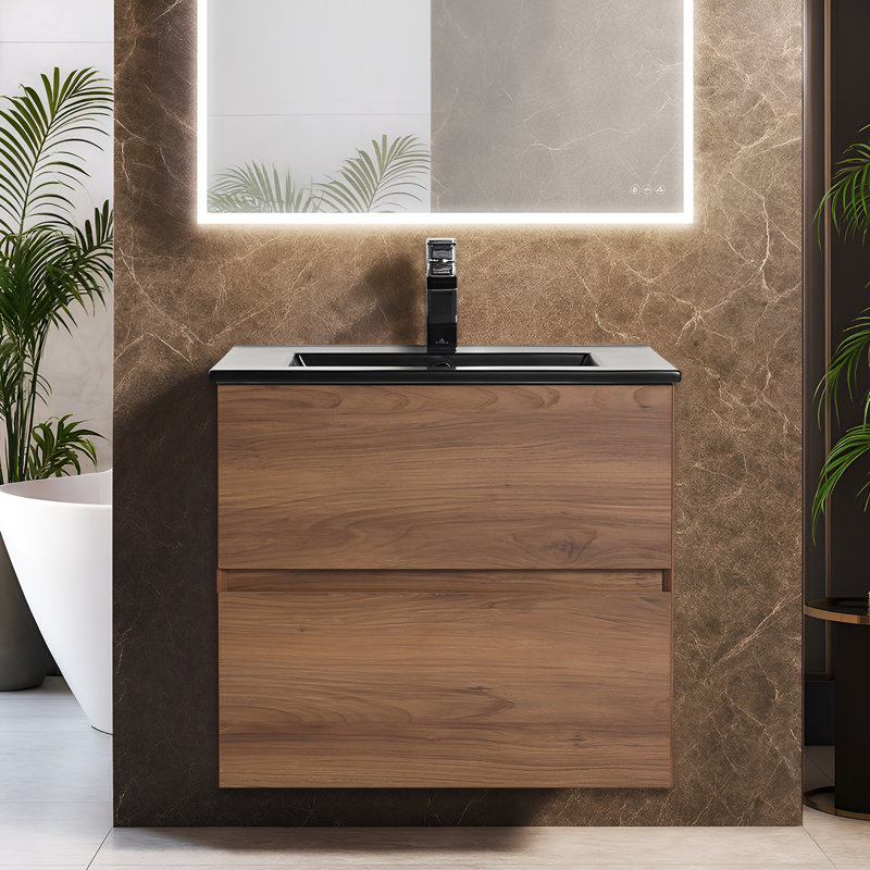 Meuble-lavabo mural 24 po avec lavabo - Armoire murale en bois avec plateau en céramique noir mat, tiroirs à fermeture en douceur et meuble-lavabo simple moderne