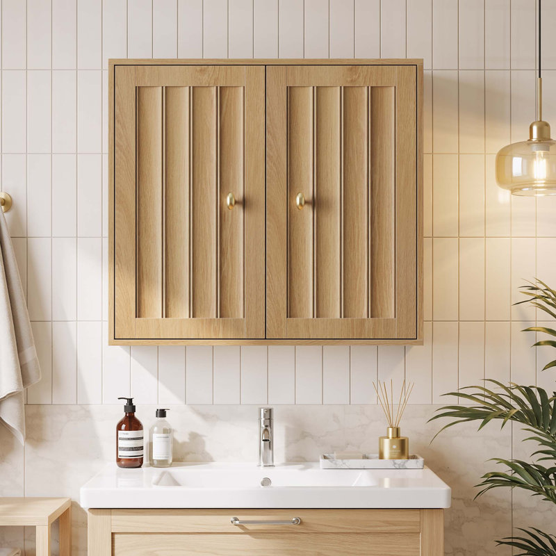 Wall-Mounted Bathroom Cabinet, Double-Door Medicine Cabinet with Vertical Grooved Design,Wall-Mounted Storage Cabinet for Bathrooms, Restrooms, and Hallways (Oak )