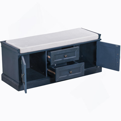 Storage Bench With 2 Drawers And 2 Cabinets, Shoe Bench With Removable Cushion For Living Room, Entryway