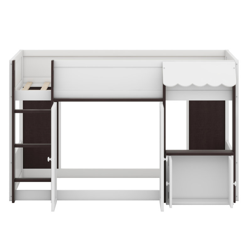 Elevated Cabin-Style Loft Bed Featuring an Integrated Playhouse Nook and Multi-Compartment Storage System, Espresso+White