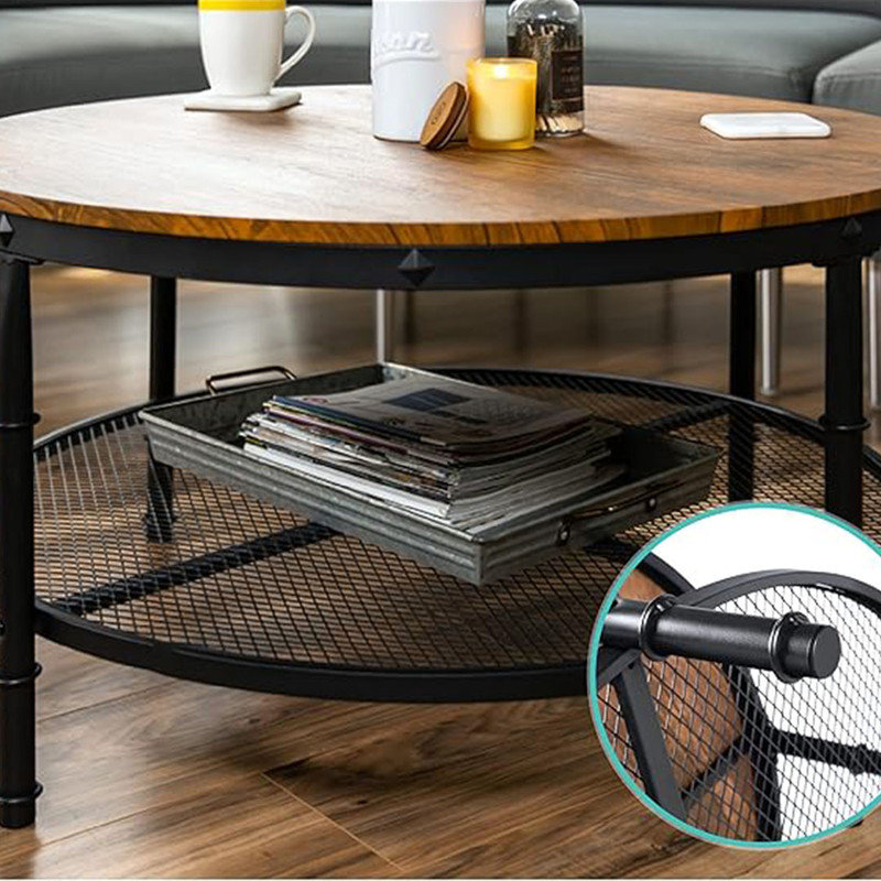 Brown Round Wood and Metal 2-Tier Coffee Table