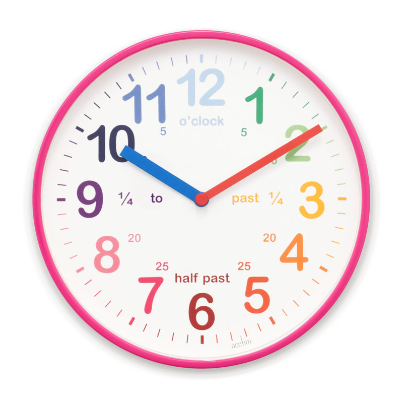 Acctim Wickford Kids Teaching Wall Clock Quartz Rainbow Dial Quarter Markers 20cm, Pink