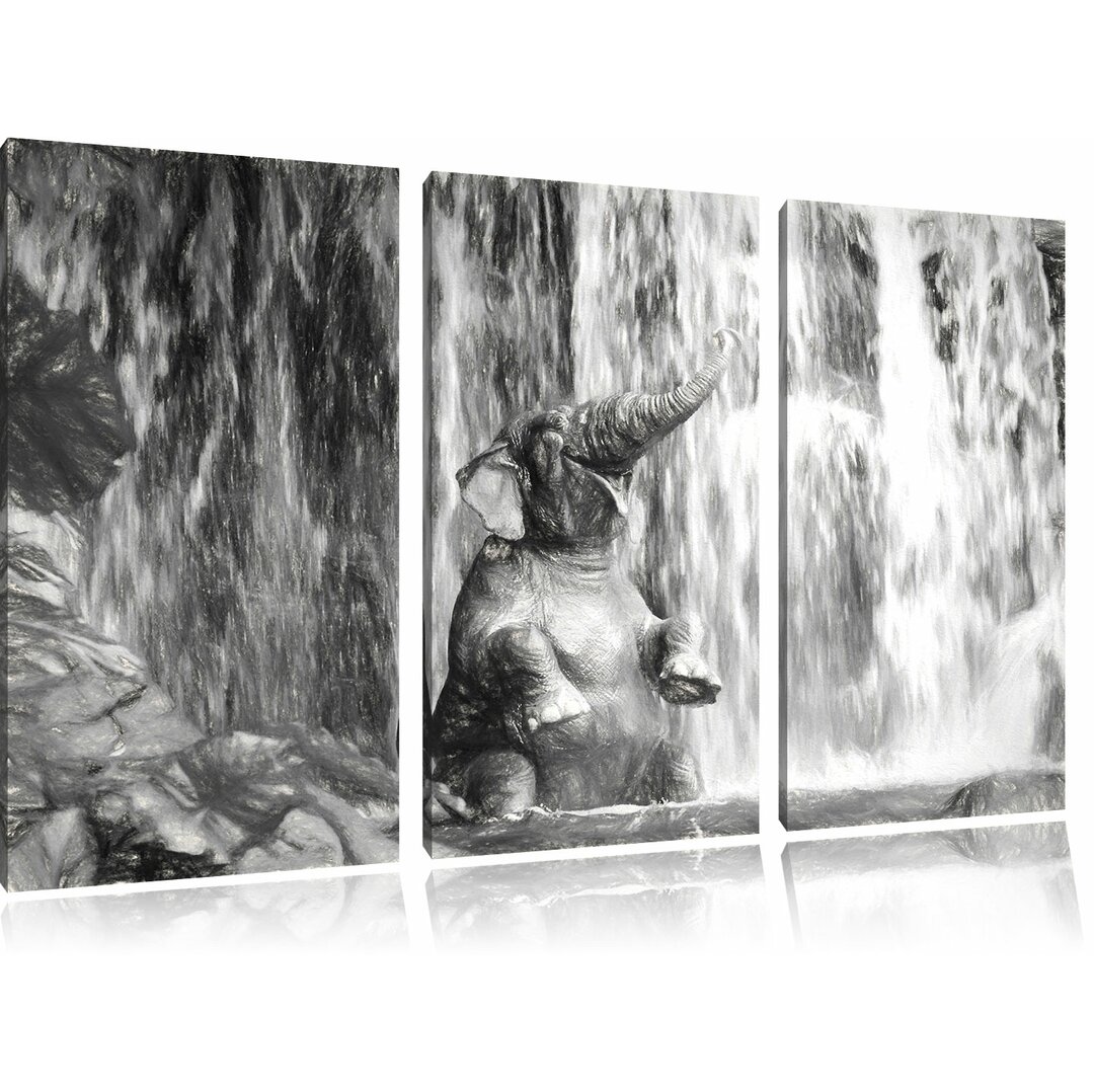 3-tlg. Leinwandbild-Set „Babyelefant am Wasserfall“, Kunstdruck