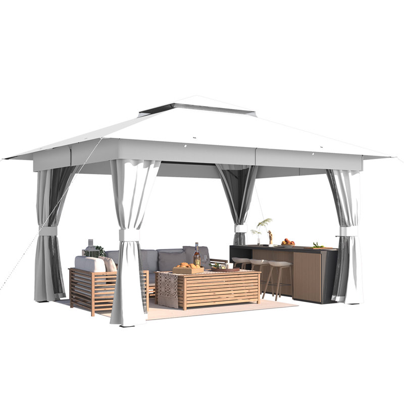 10'x13' Outdoor Gazebo For Patio, Heavy Duty Party Tent With Double Roofs, Outdoor Canopy With Curtains And Nettings For Deck, Lawn And Backyard, White