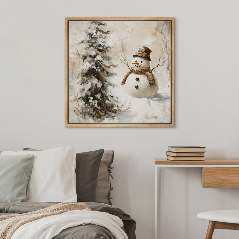 Impression sur toile, bonhomme de neige avec arbre de Noël en hiver, H 16 po x l 16 po, Cadre naturel flottant
