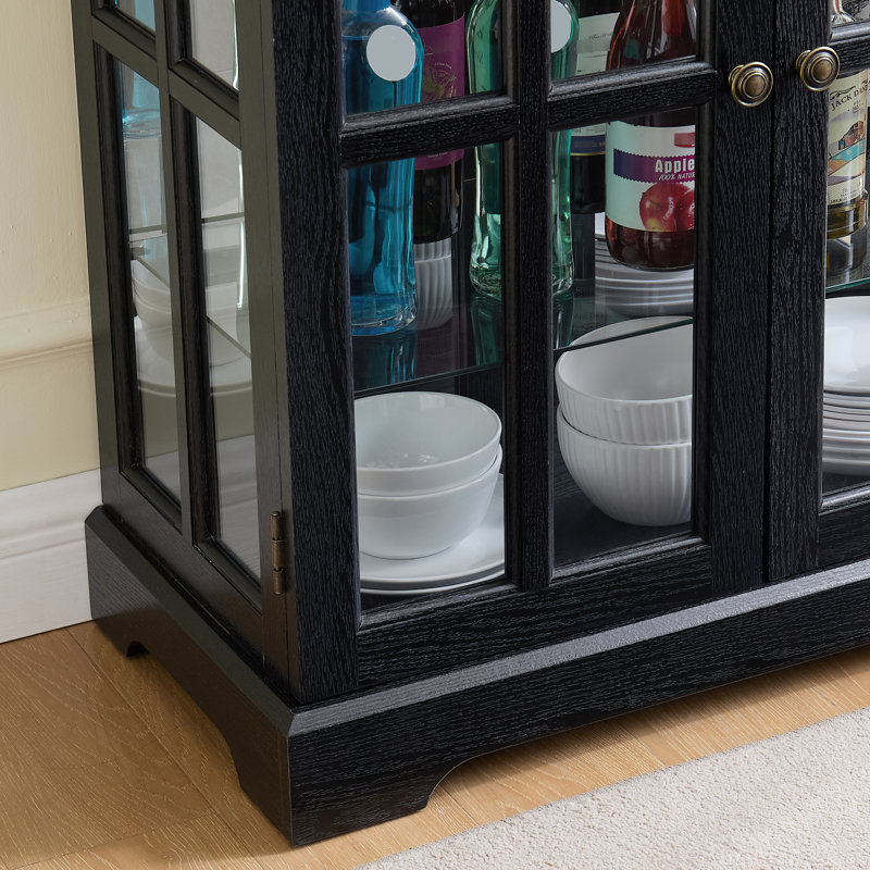 Vintage Black Glass High Cabinet With Classic Grid Design, Adjustable Shelf Space, And Included Lighting For Living Room Interior Shelving, Home Showcase
