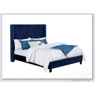 Modern Navy Upholstered Bed with Wingback Design and Button-Tufted Headboard, Perfect for Elegant Bedrooms