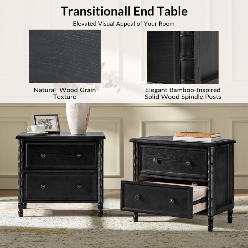 Lucious Transitional 26''W 2-Drawer Spindle End Table with Charging Station and Simple Assembly, Black
