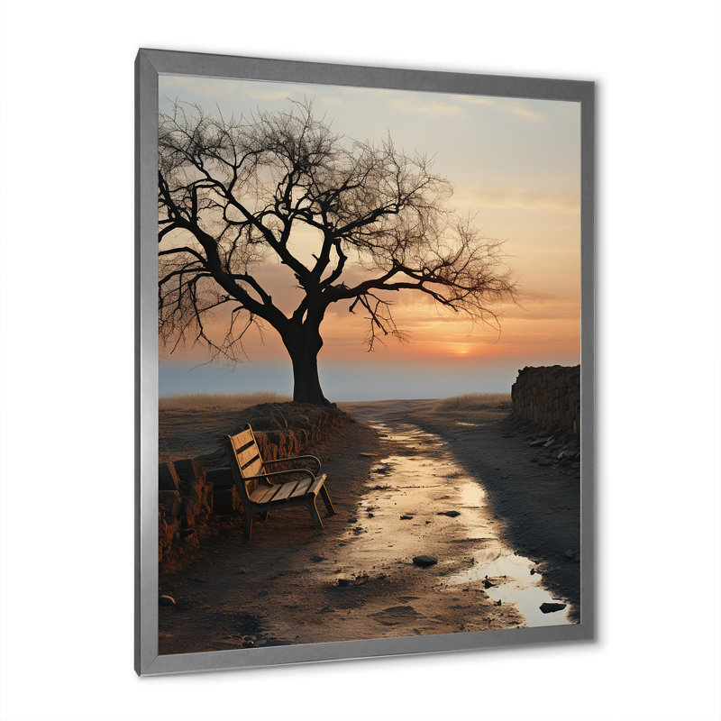 " Sunset Bench Tree Mimalism Landscape ", 32" H x 16" W x 1" D, Silver Picture Frame