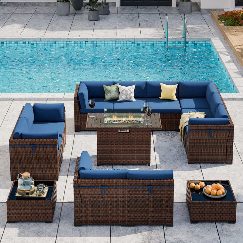 Treyshun 10 - Person Outdoor Seating Group with Fire Pit Table, Blue