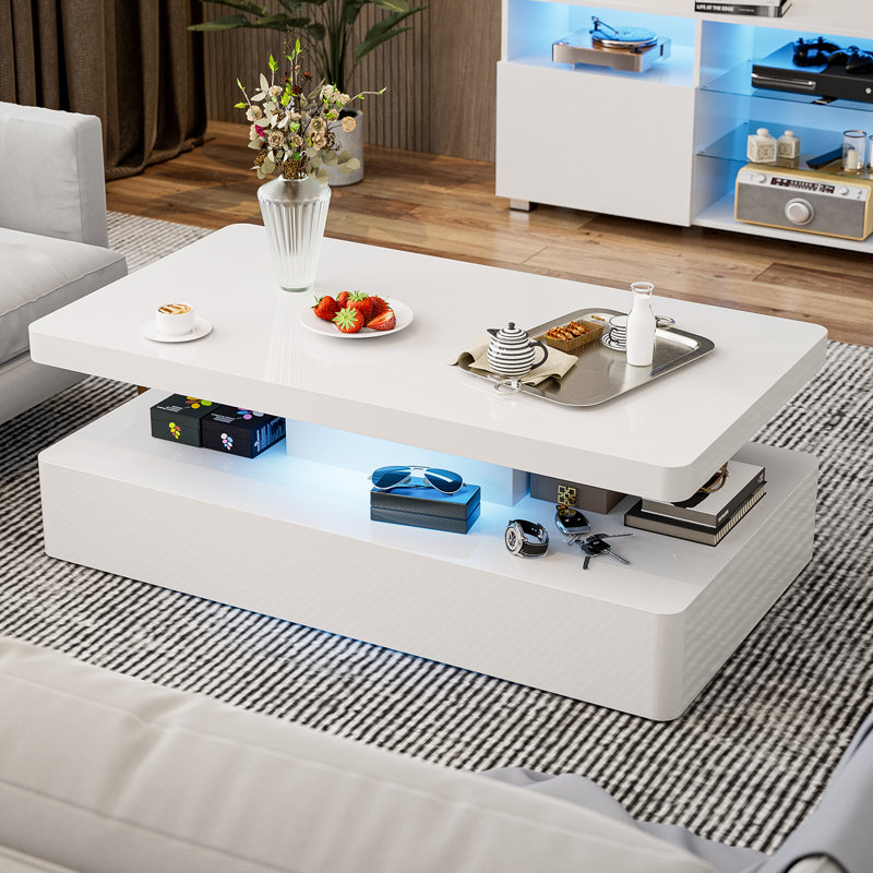 Table basse à DEL ultra brillante avec rangement Abdulmalek, blanc, Blanc