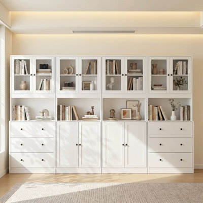 Book Cabinet Storage Bookcase, 5-Tier Modern Bookshelves With 3 Large Drawer And Glass Door(2A+2B)
