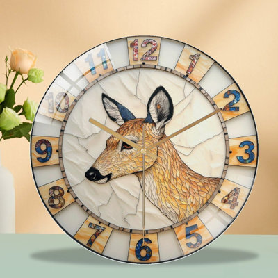 12-Inch Silent Tempered Glass Wall Clock, " Elegant Deer Clock Home Wall Decor Art ” Silent Non-Ticking Clock, Battery Operated (AA Batteries Not Included), Artistic Home Decor