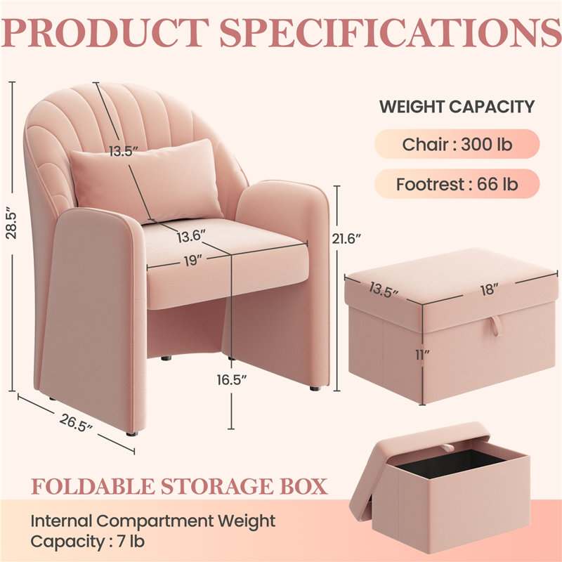 Velvet Barrel Chair Accent Chair with Footrest, Pink Velvet
