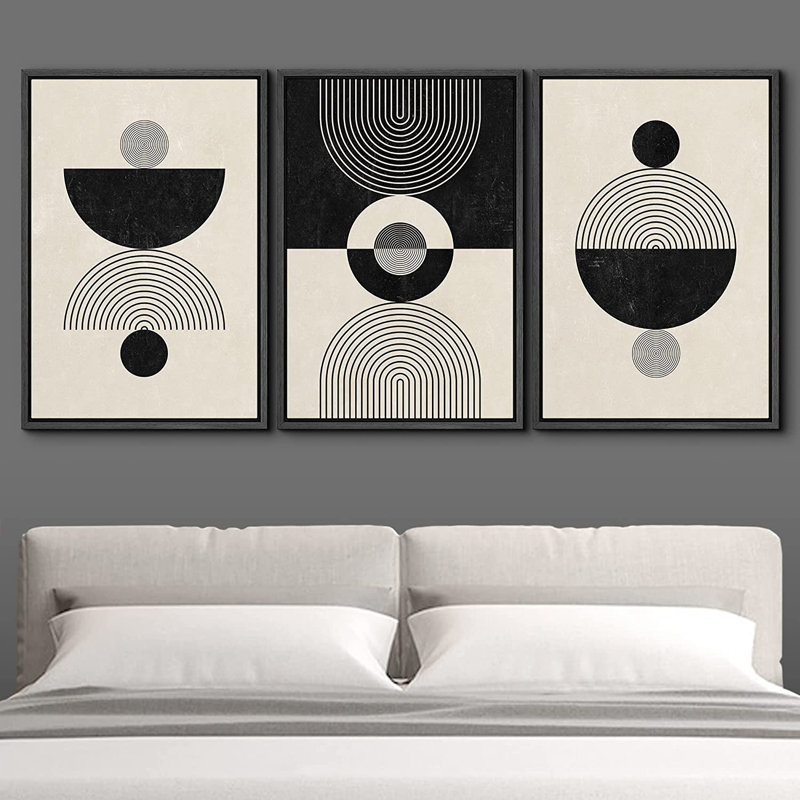 Mid Century Modern Boho 3 Piece Floater Frame Graphic Art Set on Canvas, 24" H x 48" W x 1.5" D, Black