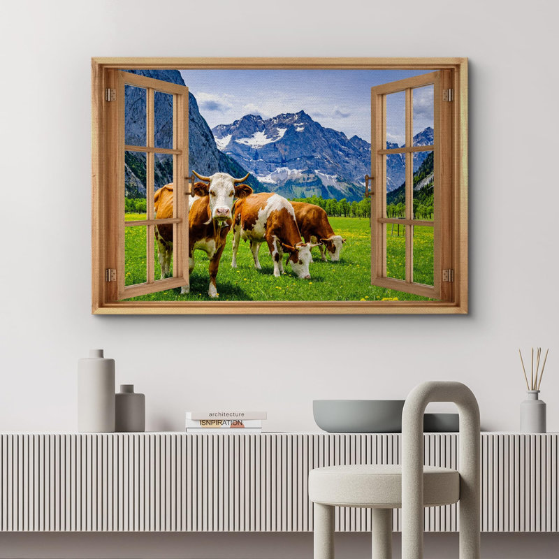 «Vue de la fenêtre, campagne, vaches, montagne, herbe, prairie, nature, décor, paysage rustique» sur, H 24 po x l 36 po