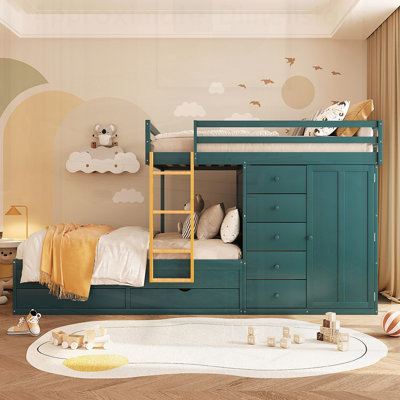 Bunk Bed with Multiple Drawers and Small Wardrobe, MDF & Solid Wood, Modern Storage Design for Kids and Teens