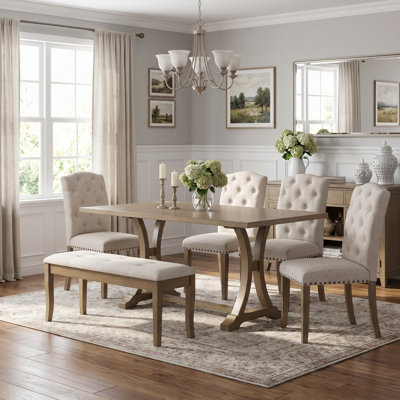 6-Piece Farmhouse Dining Table Set, Solid Wood Dining Set with Rectangular Trestle Table and 4 Upholstered Chairs & Bench for Dining Room and Kitchen