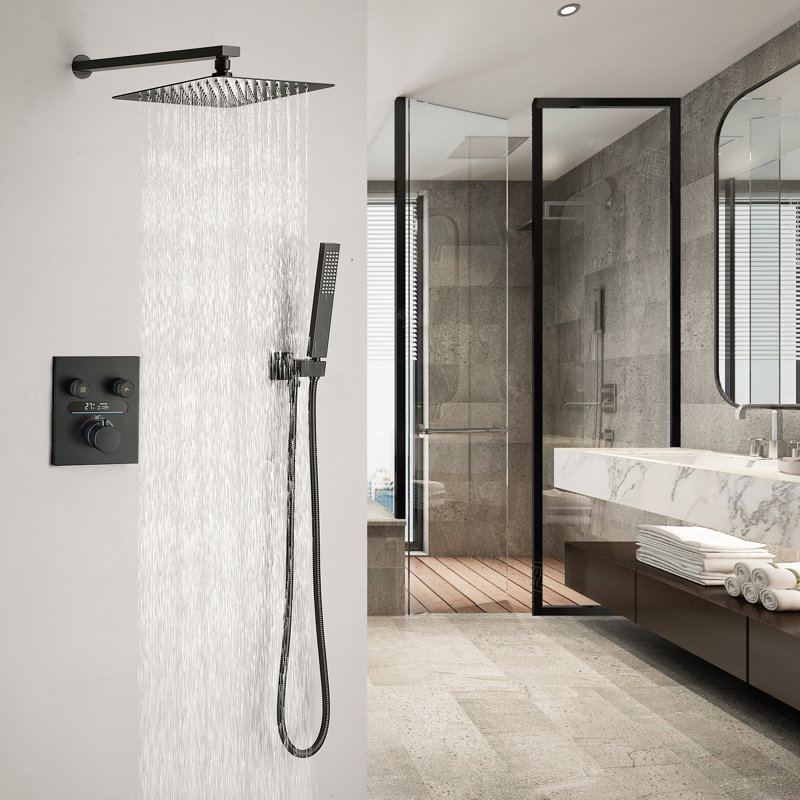 Système de douche thermostatique complet avec valve brute, Noir mat