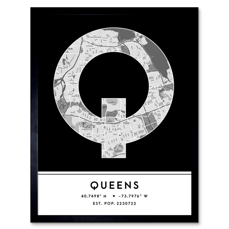 Queens New York United States City Map Black and White 1 Piece Single Picture Frame Wall Art